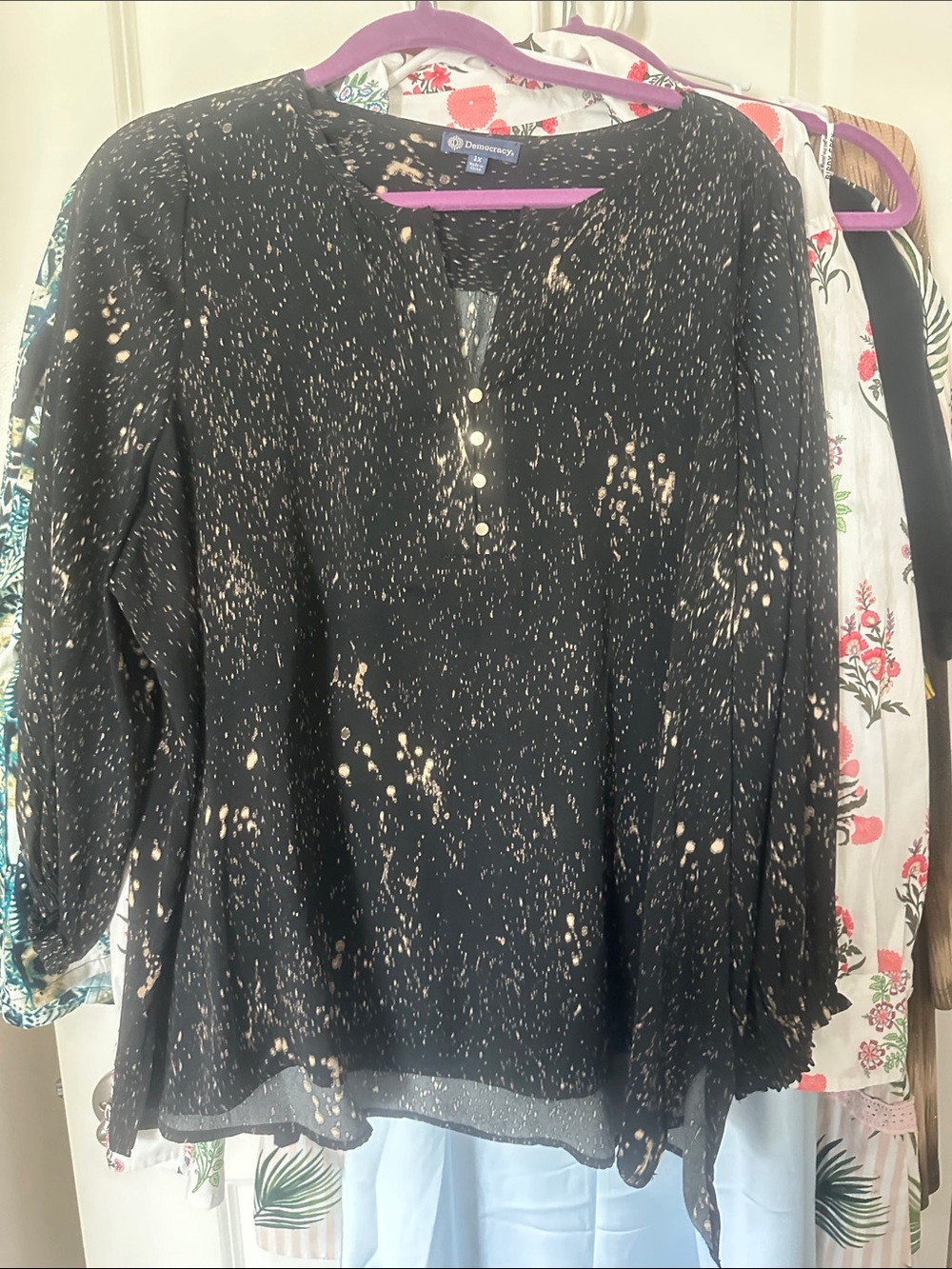 Democracy Black and Beige Splatter Henley Blouse